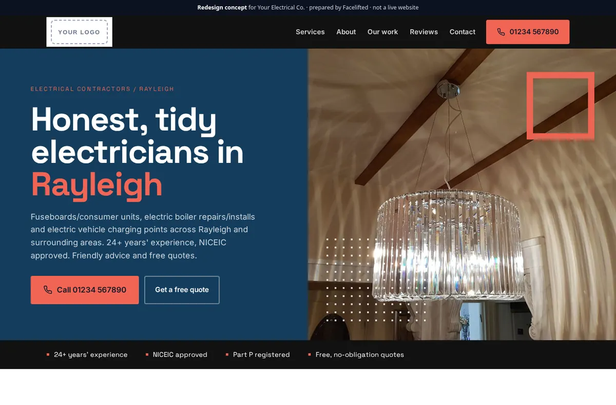 Concept homepage redesign for a Rayleigh electrician (business details anonymised), showing a clear headline, phone button and quote form